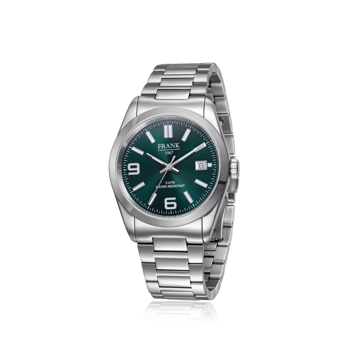 Frank 1967 7FW-0034 – Heren Horloge – Groene Sunray Wijzerplaat – RVS Schakelband – 36 mm – 5 ATM Waterbestendig – Cadeau voor Mannen