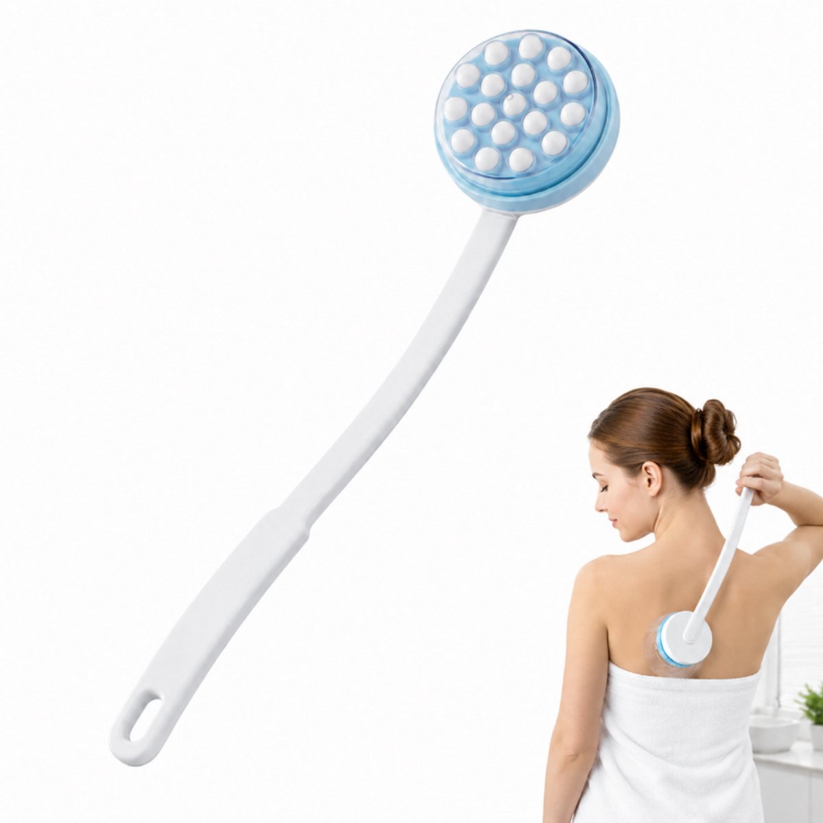 Lotion Aanbrenger voor de Rug met Lange Handgreep- 45x9.2 cm - 2-in-1 Massager met Rollerballen en Schuimkop - Blauw