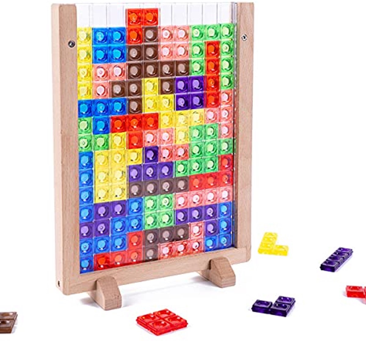 Houten bouwpuzzel - 3D plastic bouwspel met verticaal houten spelbord - kleuren montessori educatief speelgoed - tangram puzzel voor kinderen van 4‑8 jaar