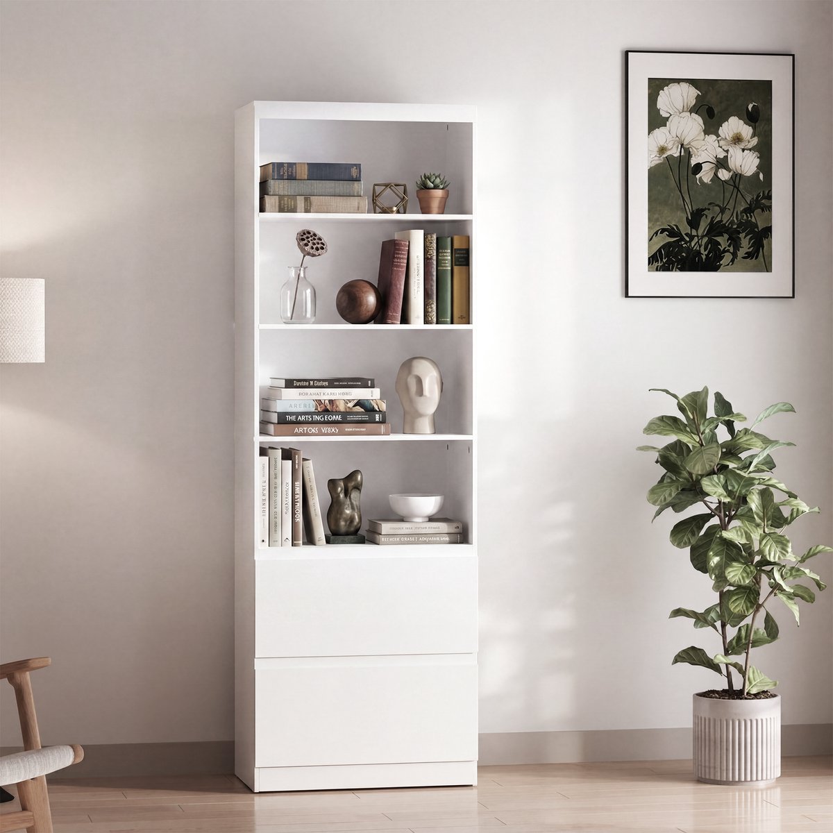 Xbro Boekenkast met 4 Open Vakken en 2 Laden, Opbergkast met Glad Oppervlak en Ingebouwde Handgrepen voor Woonkamer en Slaapkamer, 60 x 34 x 180 cm, Wit