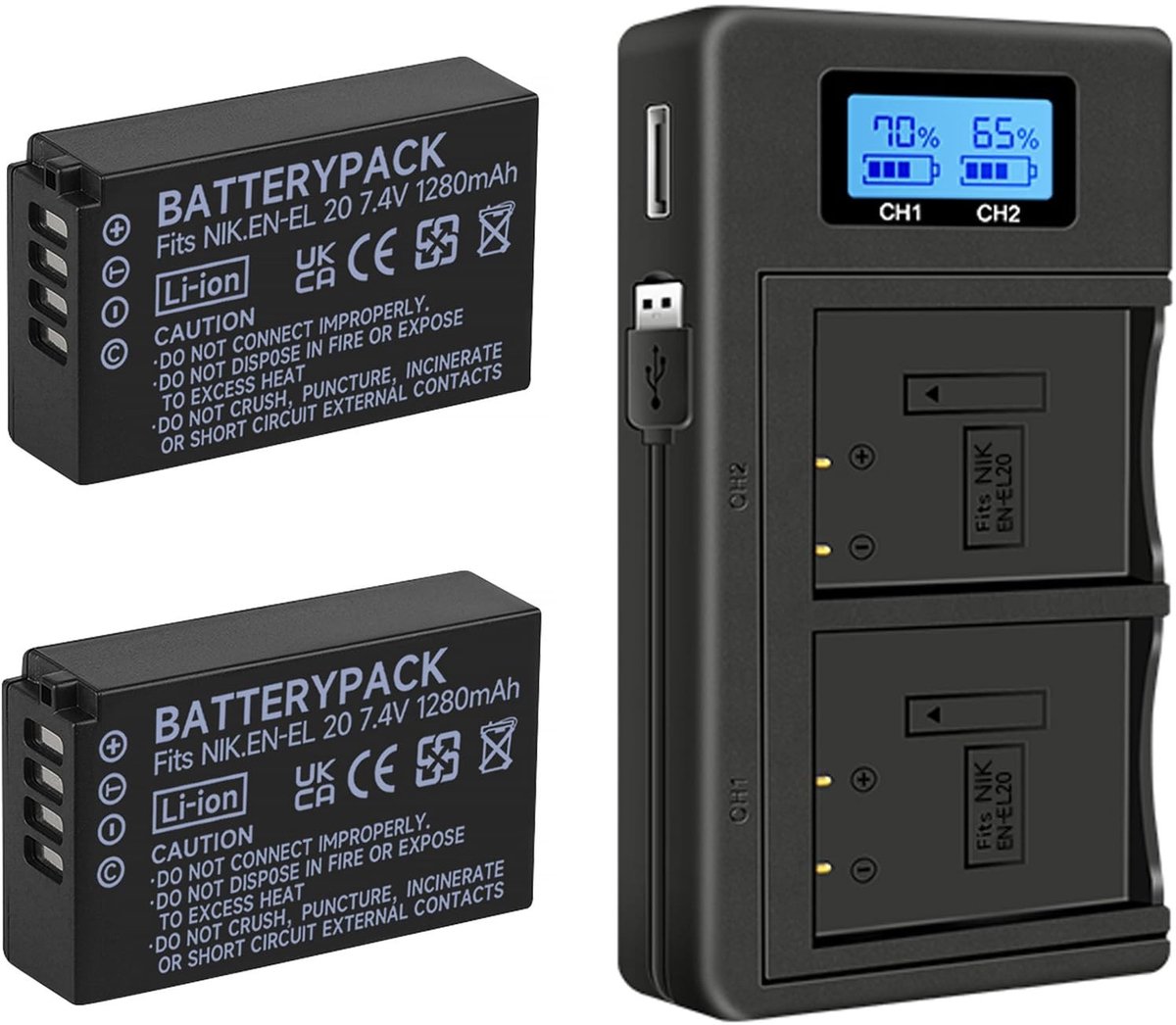 Solidchoice - 2 Stuks EN-EL20 Batterijen met Dual USB Oplader voor Nikon Camera's