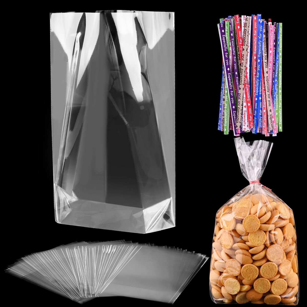 Solidchoice - Set van 100 Duidelijke Cello Snoepzakjes met Kleurige Twist Bands