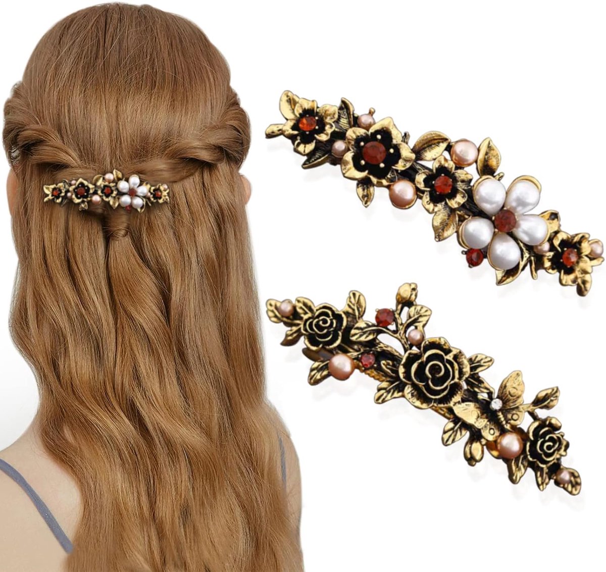 2 Stuks Grote Franse Vintage Haarspelden - Automatisch met Bloemen en Kristal Parels - Geschikt voor Dun en Dik Haar - Mode Haarsieraad voor Dames
