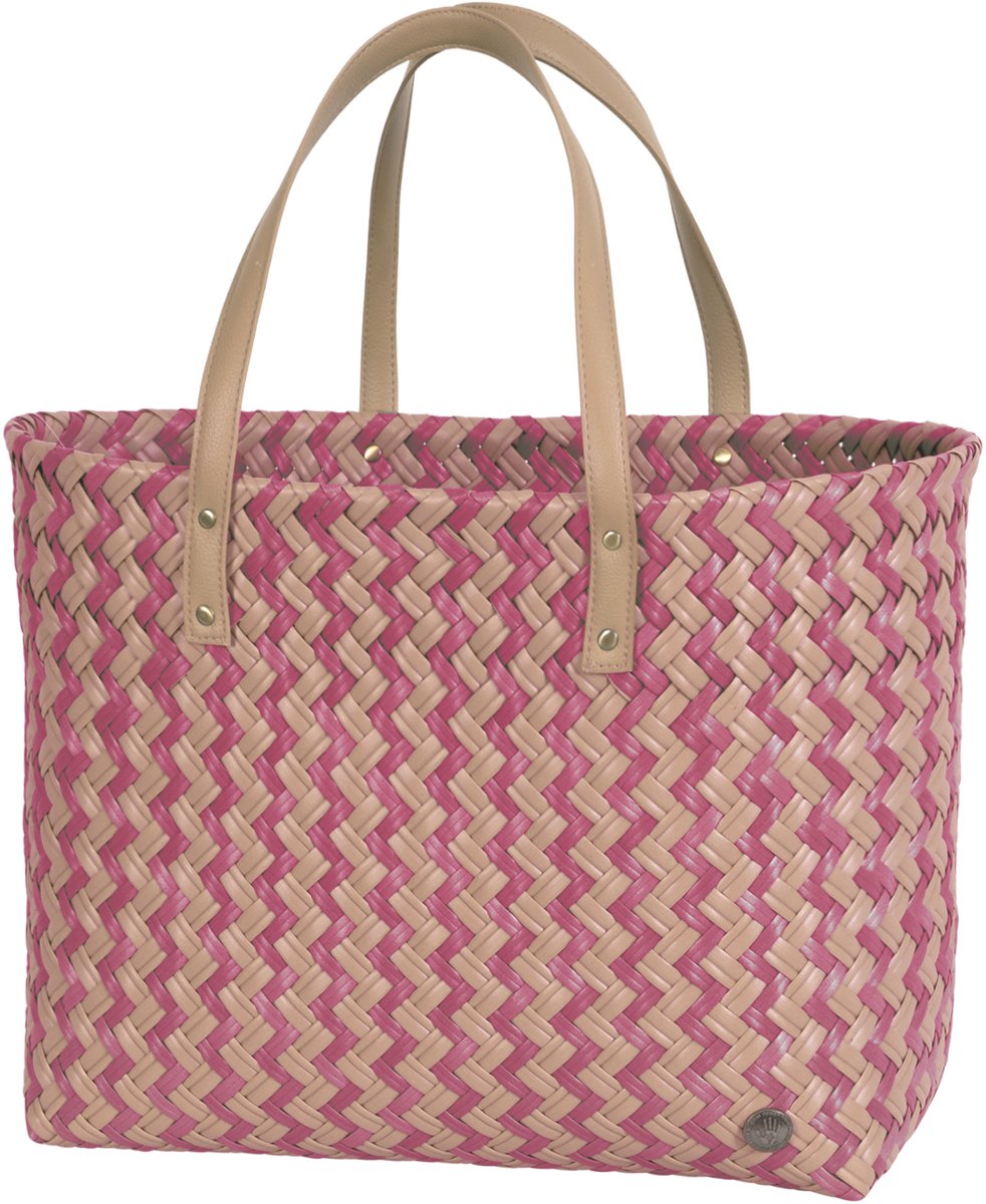 Handed By Faye Shopper – duurzame handgemaakte shopper tas van gerecycled plastic - lichtbruin met roze - natural brown with raspberry pink