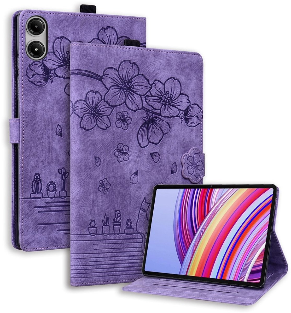 Coverup Tablethoes geschikt voor Xiaomi Redmi Pad 2 Pro / Pad Pro Hoesje - Flowers & Cat Book Case - Paars