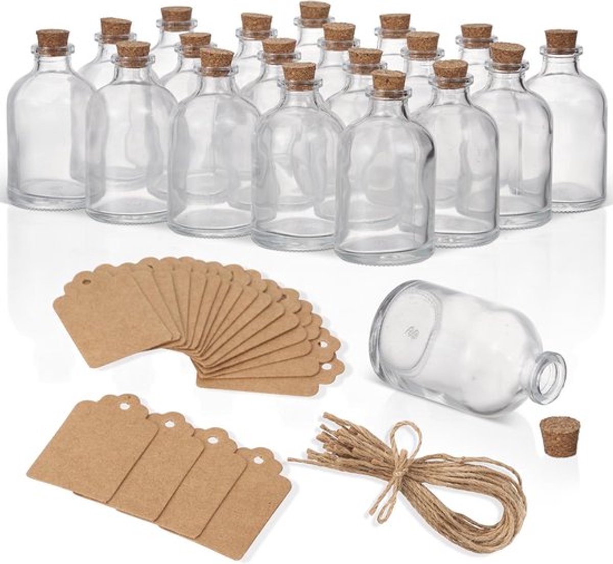 20 Mini Glazen Potjes met Kurken Stopper, Touw en Labels (50ml) - DIY Decoratie en Cadeaus voor Bruiloften, Verjaardagen en Doopfeesten