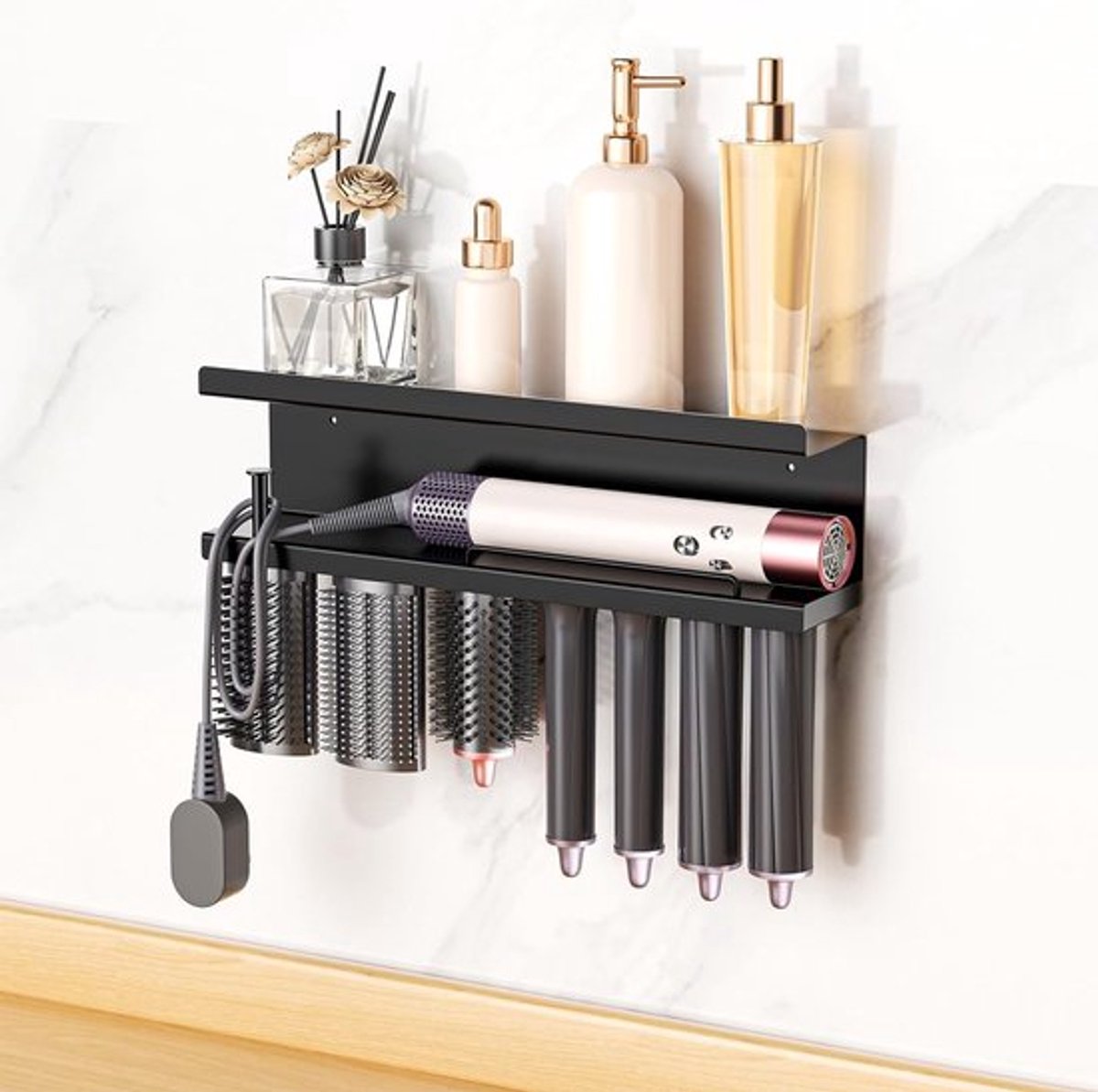 Praktische Haardrogerhouder zonder Boren, Metalen Wandhouder voor Haardroger en Styler, Ideaal voor Badkamer en Slaapkamer