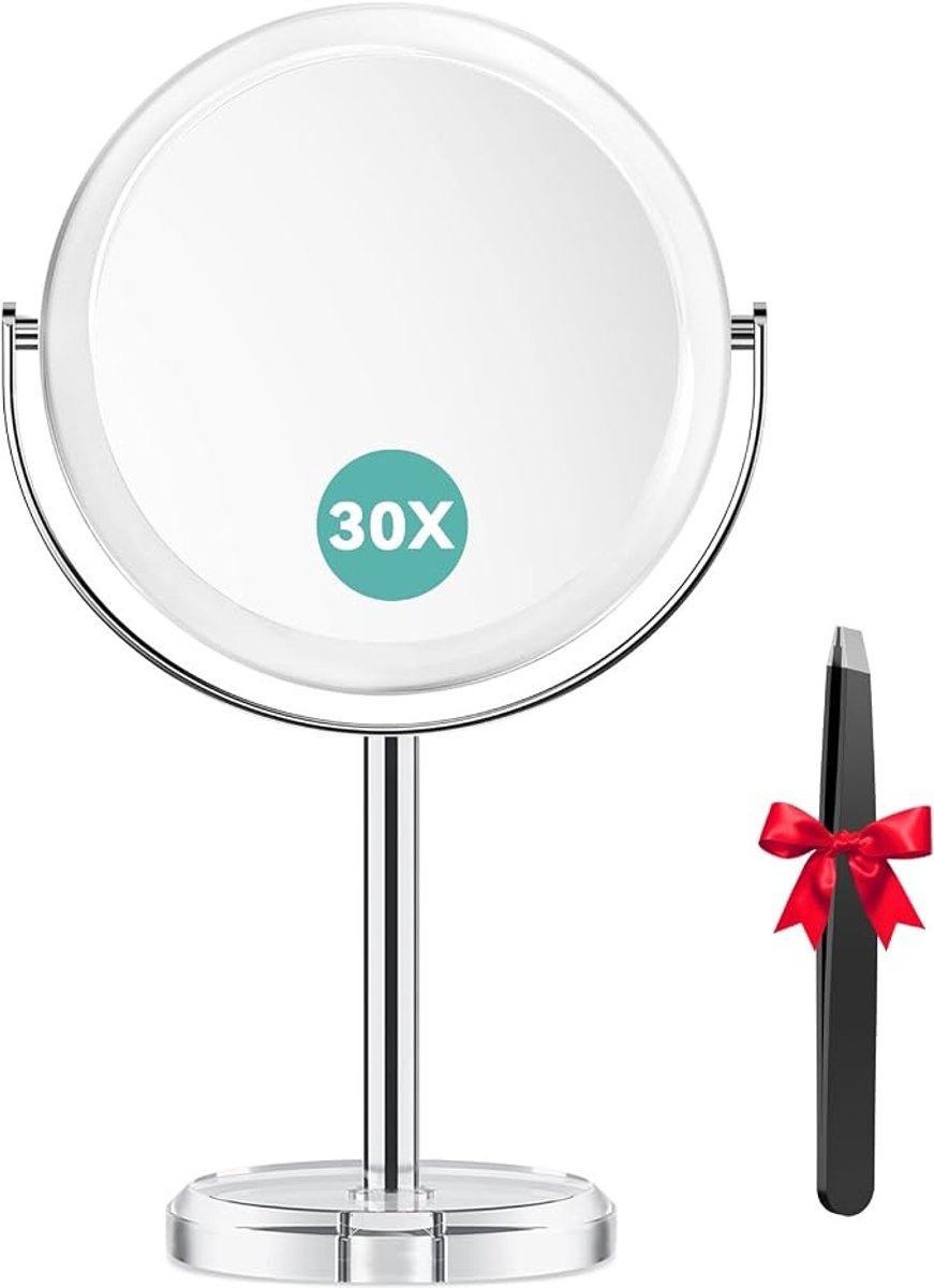 Dubbelzijdige Make-up Spiegel met 1x/30x Vergroting, 360° Draaibaar, Afneembaar voor Reizen