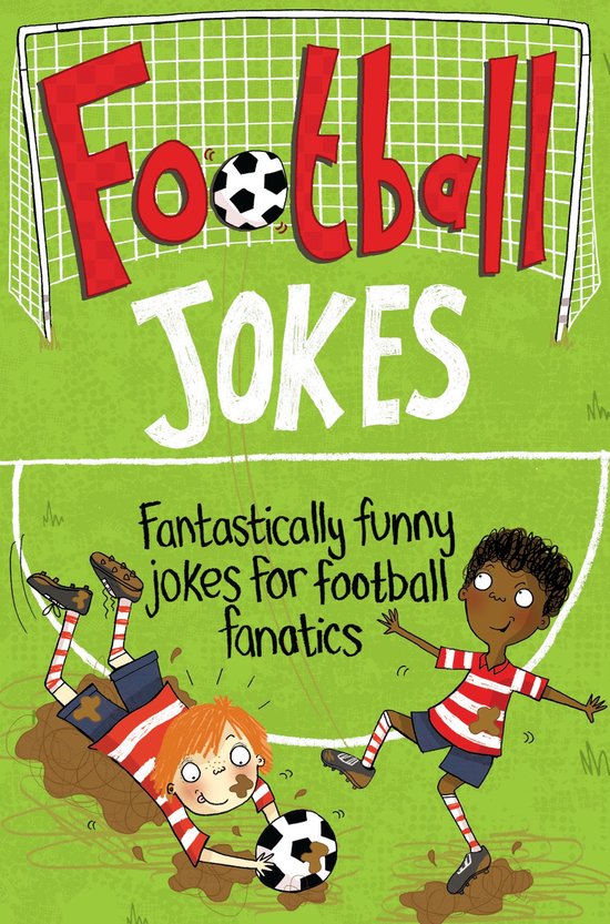 Livre "Football Jokes" avec le texte "Fantastically funny jokes for football fanatics". Deux jeunes garçons en tenue de football, dont un allongé dans la boue.