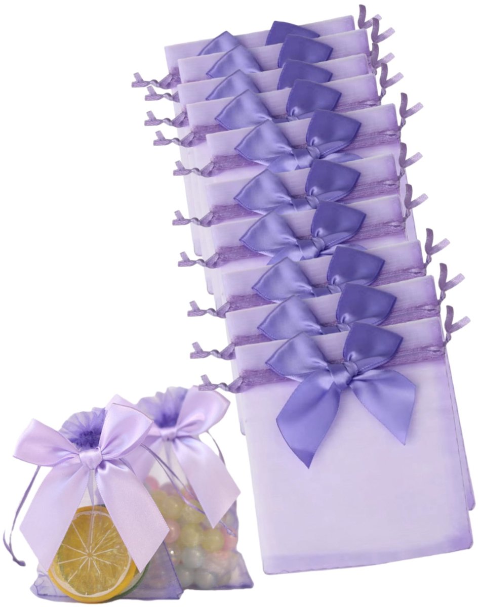 Luxe organza zakjes met strik- Paars feestzakjes - snoepzakjes - cadeau zakjes - geboorte - sieradenzakjes - trekkoord met strikje-10 stuks- 10x15cm