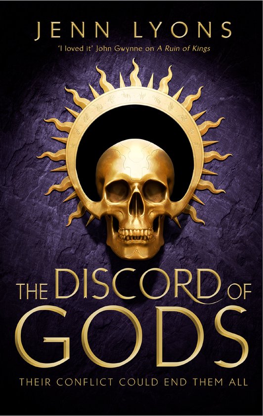 Boek kaft: Gouden schedel binnen gouden zon met runen, op donkere paarse steen achtergrond. Titel: THE DISCORD OF GODS.