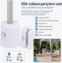 Detail van een witte, vulbare partytent voet met informatie over water- en zandvulling. Een gesplitste voet wordt getoond.