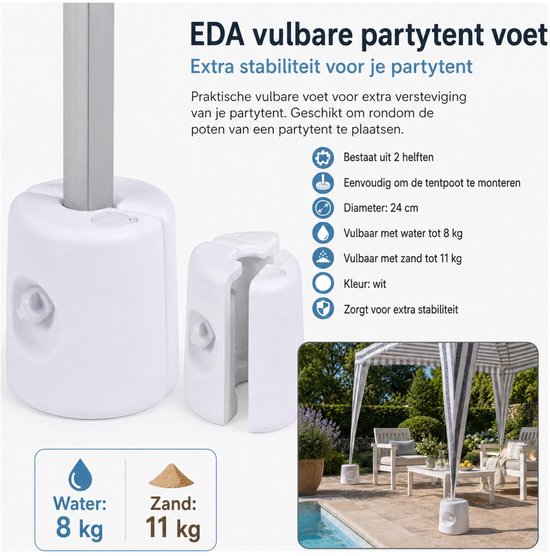 Detail van een witte, vulbare partytent voet met informatie over water- en zandvulling. Een gesplitste voet wordt getoond.