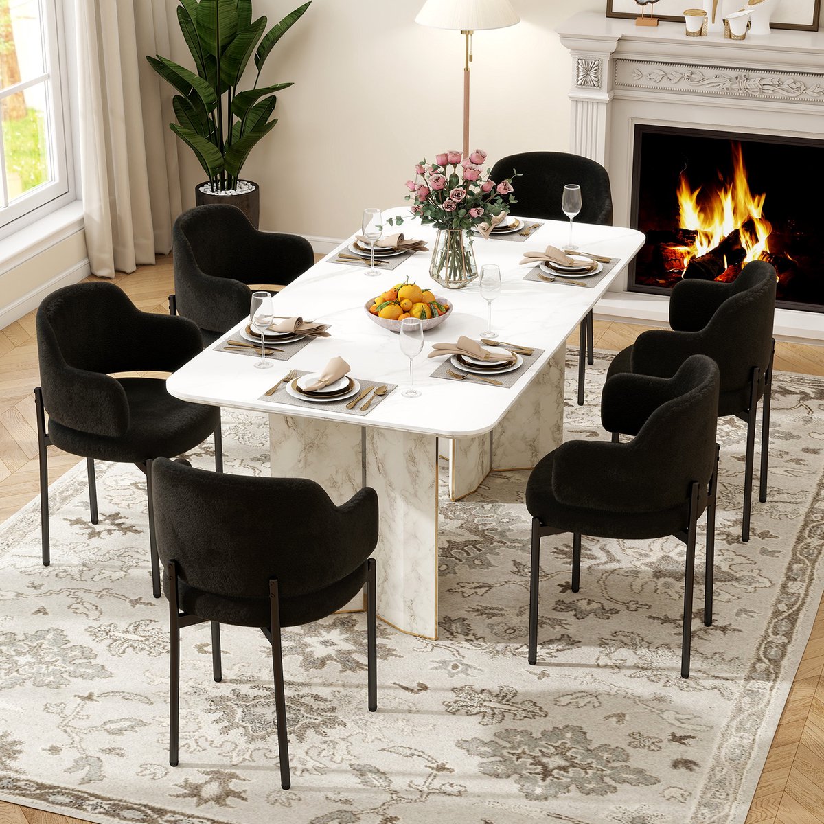 Puluomis - Eetkamerstoelen - Set van 6 - Teddy Fleece - Metalen poten - Gevoerde zitkussens - Gebogen rugleuning armleuning - Zwart