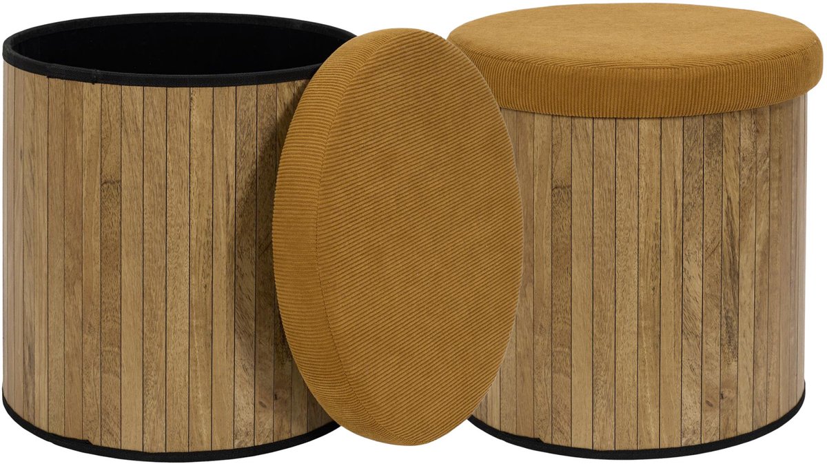 Home Deco Factory Poef - 2x - heritage - geel - hout/polyester - 38 cm