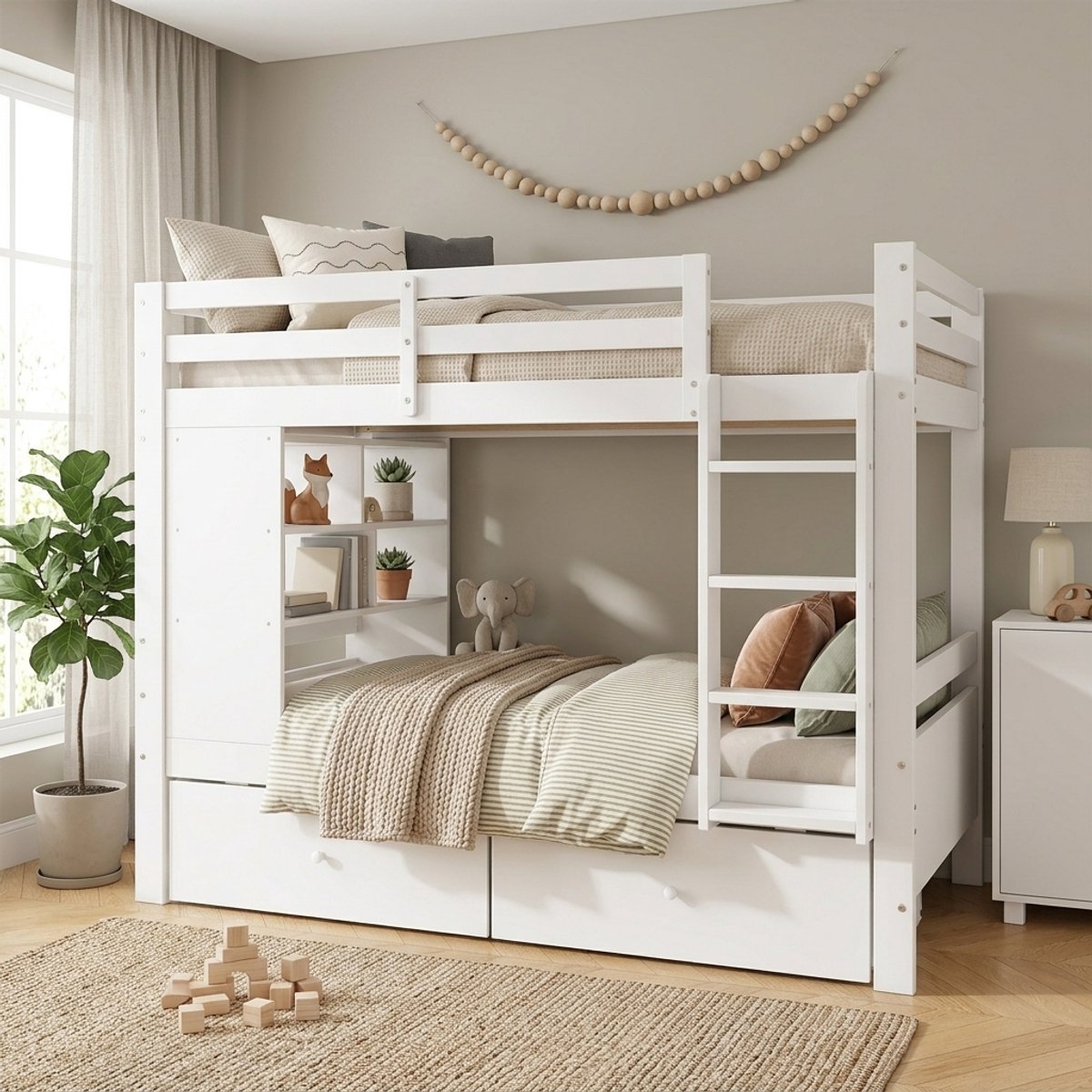 Kinderbed, Stapelbed 90X200 cm Wit, Houten Stapelbed Met 2 Lades, Open Plank En Ladder, Ruimtebesparend Stapelbed Voor 2 Kinderen