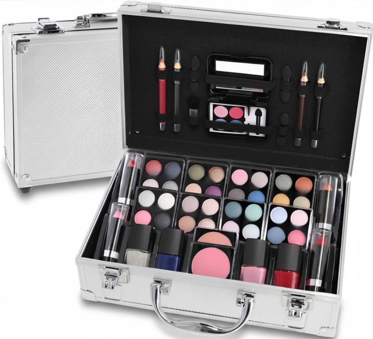 KIRA® Make Up Koffer - Make Up Koffer Meisjes - Make Up Set - Make Up Koffer Met Inhoud - Zilver - 26cm x 10cm x 19cm