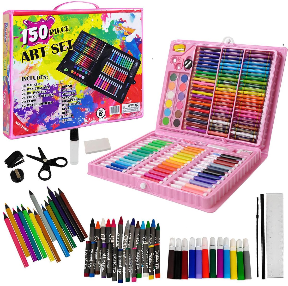 Tekenkoffer Meisjes 150-delig Roze - Tekenset Kinderen met Schildersezel, Stiften, Kleurpotloden en Waterverf - Tekendoos Kleurkoffer Cadeau Meisje 3 Jaar