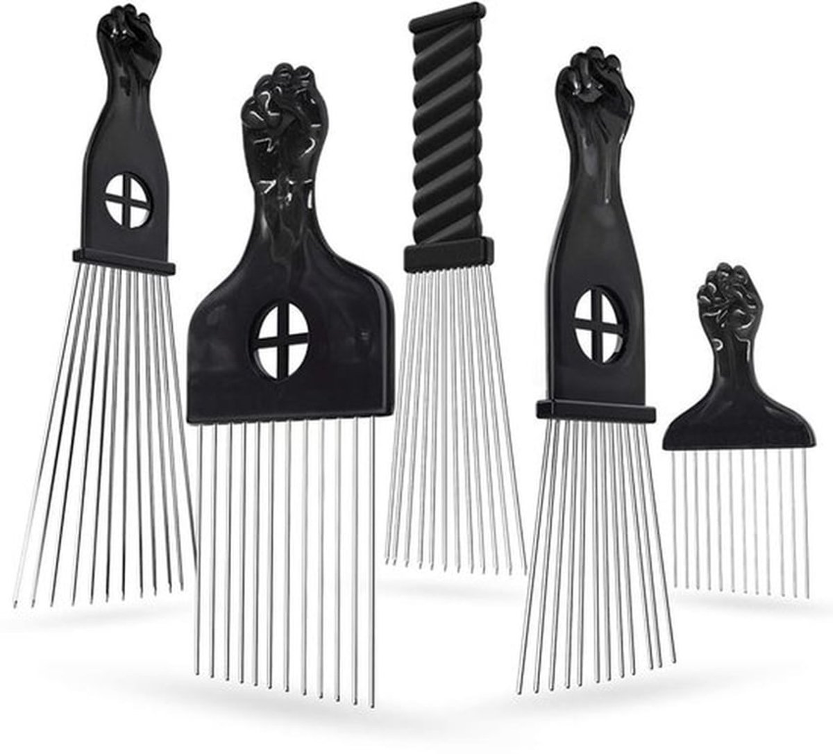 Afro Kam Professionele Styling Tool - 5 Pack - Metalen Picks - Antislip Handgreep - Roestvrij Staal - Geschikt voor Krullend Haar - Haarkam