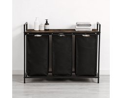 xDays Wasmand 3 vakken – uitschuifbaar met plank - 92.5 x 33 x 71 cm - wassorteerder - 114 liter verdeeld over 3 zakken – wasmanden zwart metaal en bruin hout
