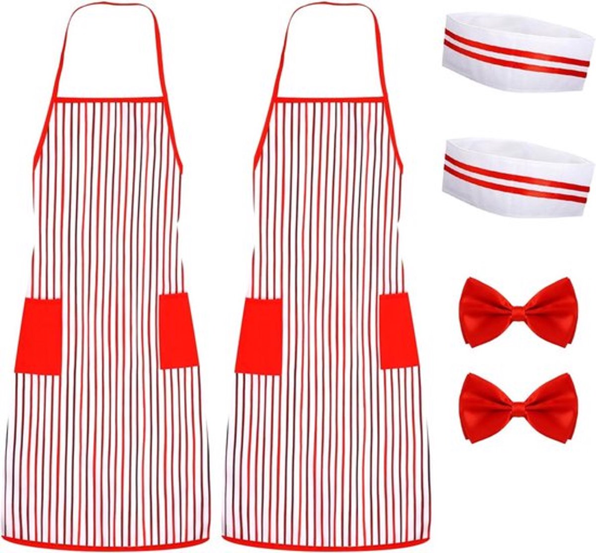 - 6-delige 1950's Koksmuts en Schort Rood Wit Gestreepte Set - Carnavalskostuum voor Volwassenen - Halloween - Rode Strik - Oberkostuum - Kerstmis - Cosplayfeest