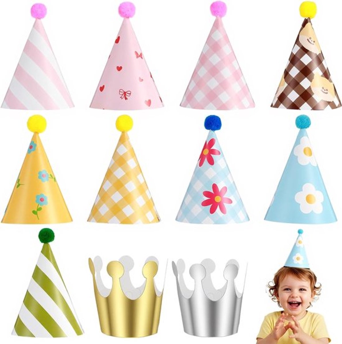 Feestelijke Mini Party Hoedjes Set van 11 Stuks, Kleurige Hoedjes met Elastische Band, Geschikt voor Kinderen en Knuffeldieren, Inclusief Pompoms en Verjaardagskroon