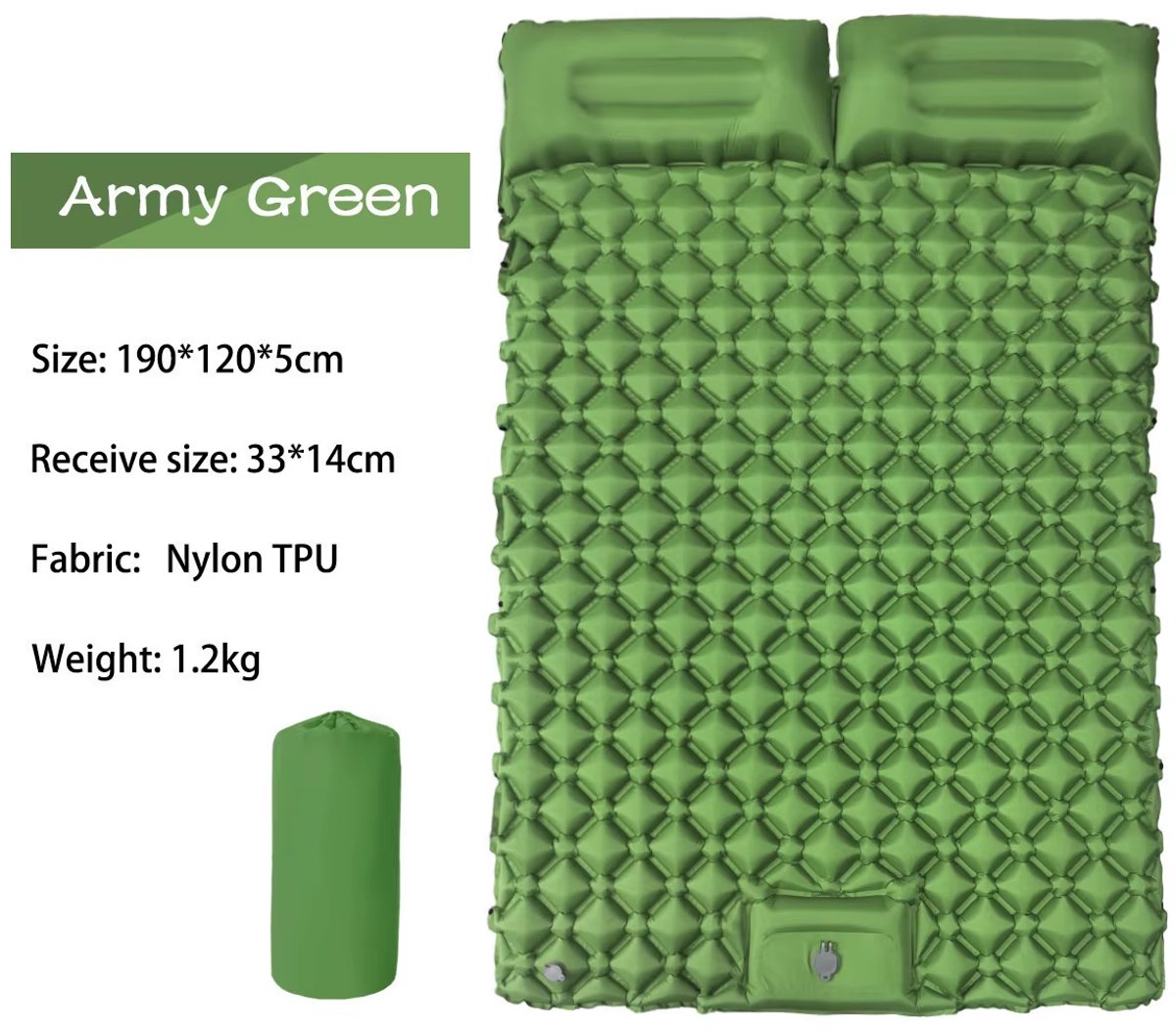 Camping Matras – Opblaasbaar en Ultralicht Luchtbed met Ingebouwd Kussen en Pomp, Draagbaar voor Kamperen, Wandelen en Reizen - Groen - dubbel