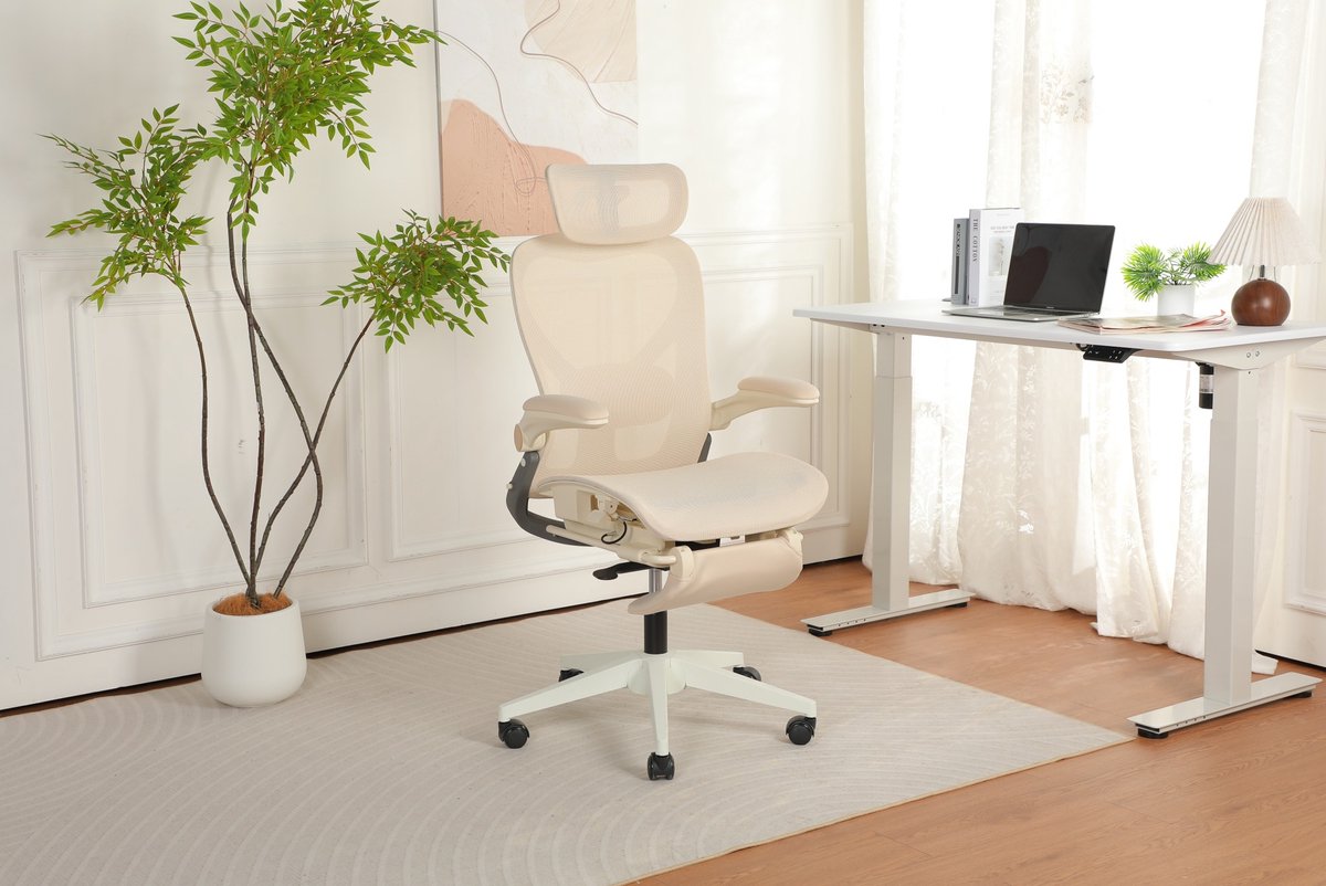 MIVRAY Bureaustoel 102 129 Cm Verstelbaar Met Hoofdsteun Lendensteun En Klapbare Rugleuning Voor Werk En Studie Mesh Cream