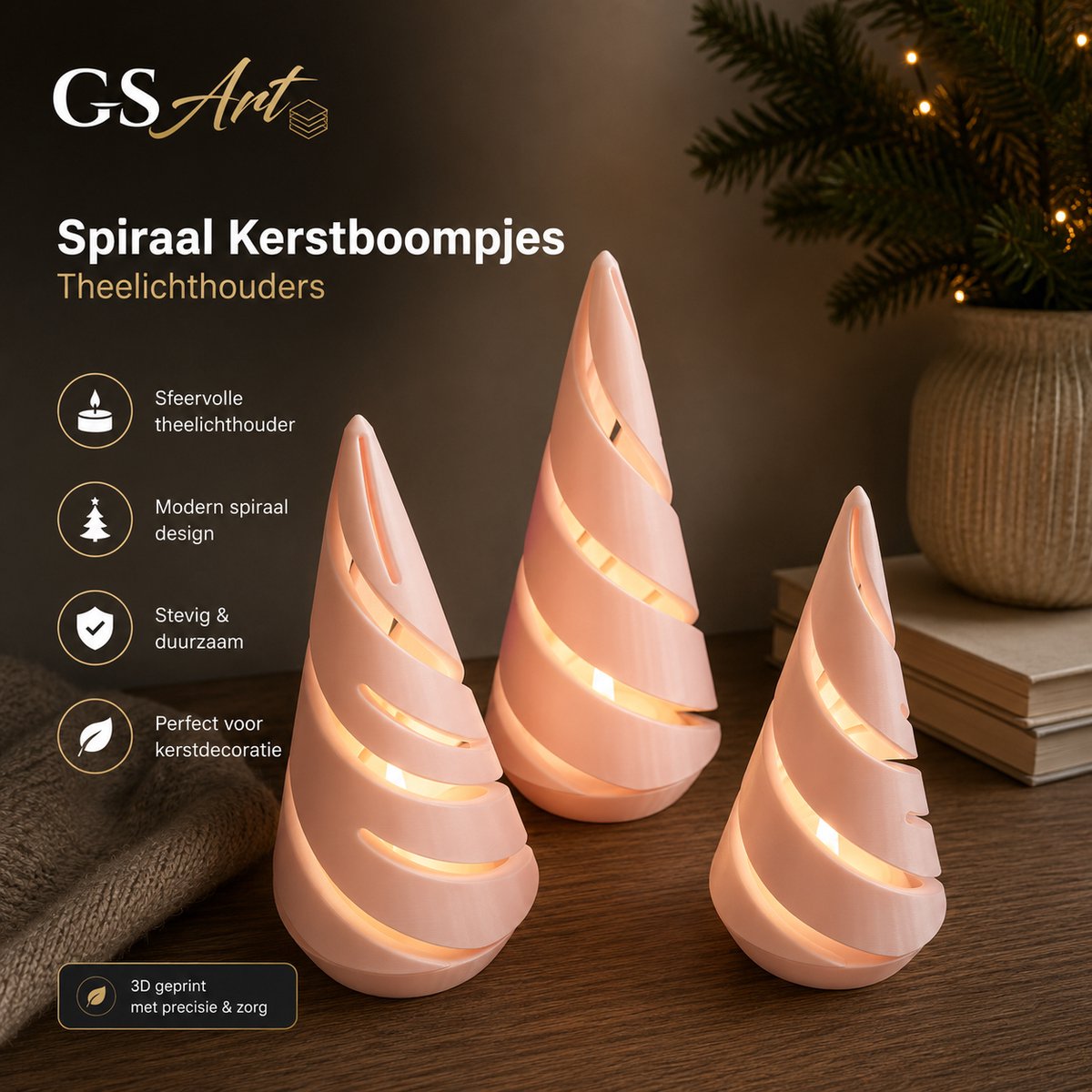 GSArt Spiraal Kerstboompjes Theelichthouders – Set van 3 met LED Theelichtjes - Glanzend Roze