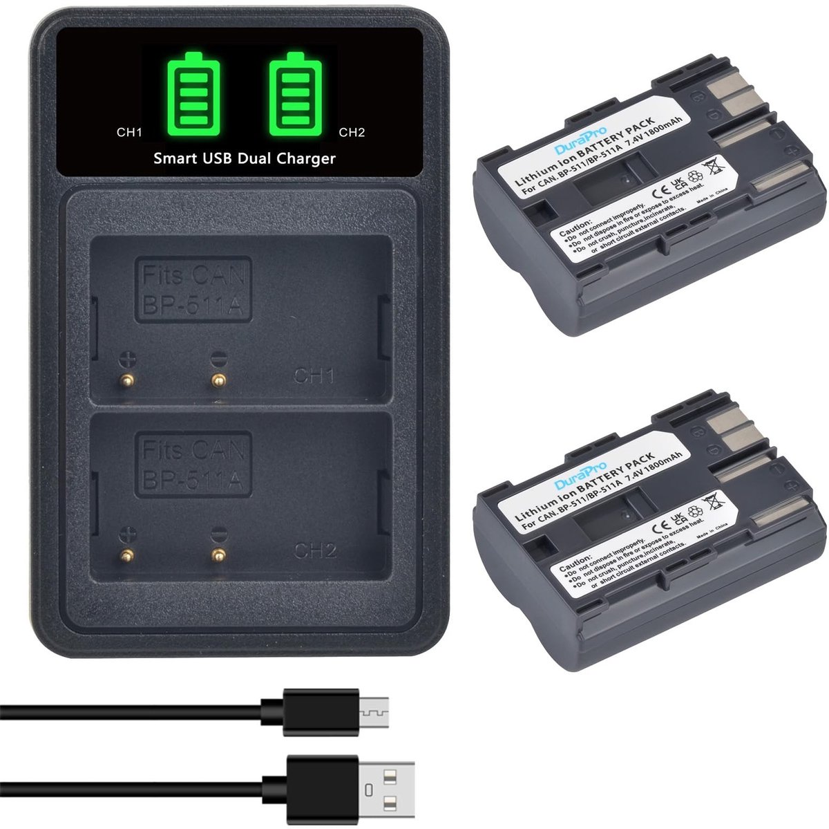 Solidchoice - 2X BP-511A Batterijen met LCD Dual USB Charger voor Canon Camera's