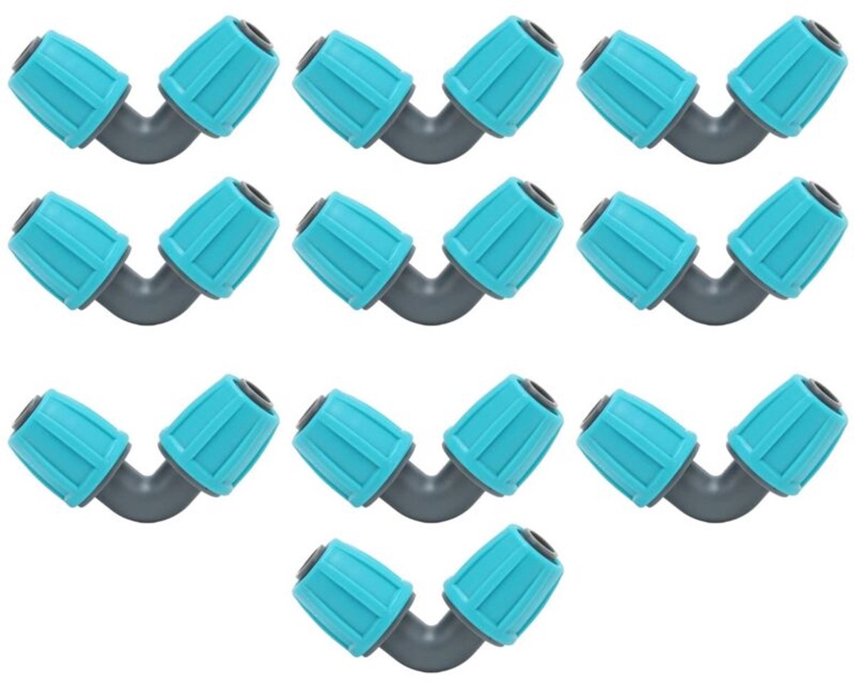 90° bochtstuk, 10 tuinslangaansluitingen, geschikt voor tuinen, gazons, kassen, plantenbewatering, druppelirrigatiesystemen en geschikt voor 16 mm slangen.