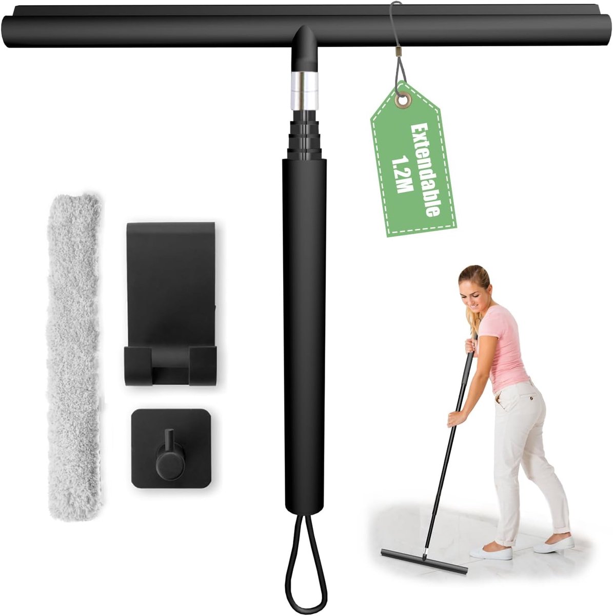 VHV Vloertrekker - Douchetrekker - Raamwisser - Trekker met Telescoopsteel 30-1120 cm - Met 2 Houders - Zwart
