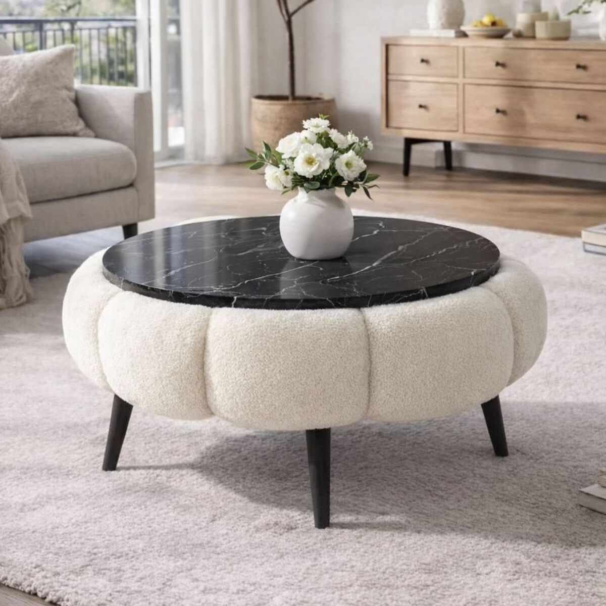 Asir - Salontafel - Wit en zwart marmer - 60 x 60 x 44 cm