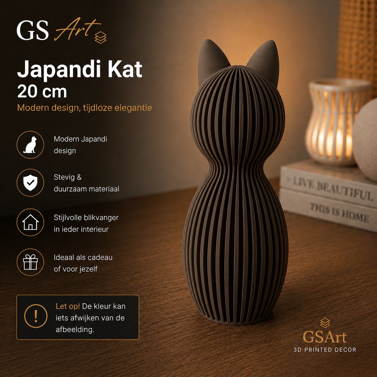 GSArt Japandi Kat 20 cm – Modern 3D Geprint Decoratiebeeld - Chocolade bruin