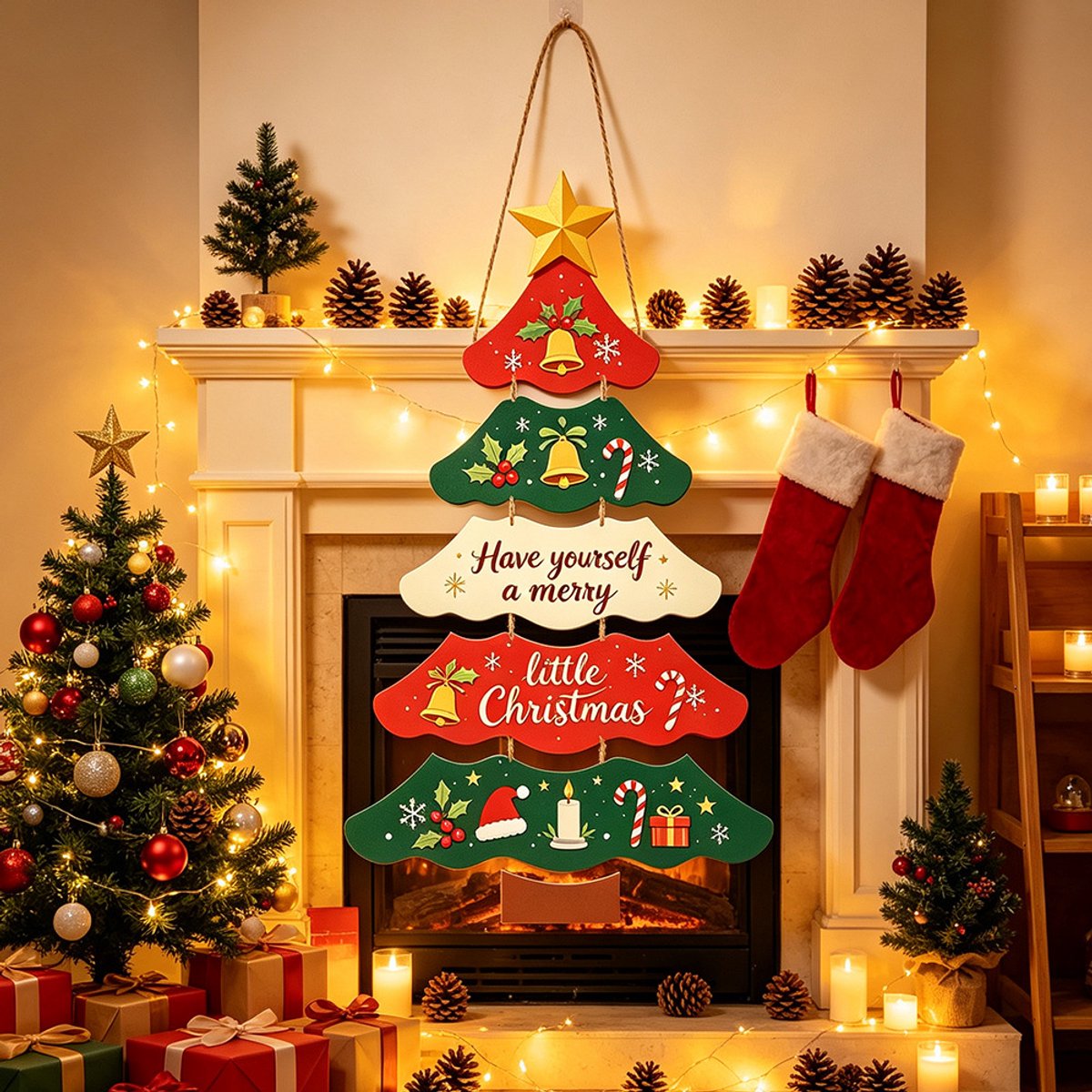 Kerstdeurhanger Papieren Kerstboom – Kerstdecoratie voor Deur en Muur – Met Lint en Plakpunten – Feestversiering voor Huis, Winkel en Feest – 1 Stuks