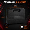 Zwarte opbergkoffer voor fietsreparatiegereedschap, met afmetingen: breedte 32 cm, hoogte 25 cm, diepte 7 cm. Gewicht 1650 g. Tekst: Afmetingen & gewicht.