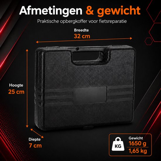 Zwarte opbergkoffer voor fietsreparatiegereedschap, met afmetingen: breedte 32 cm, hoogte 25 cm, diepte 7 cm. Gewicht 1650 g. Tekst: Afmetingen & gewicht.