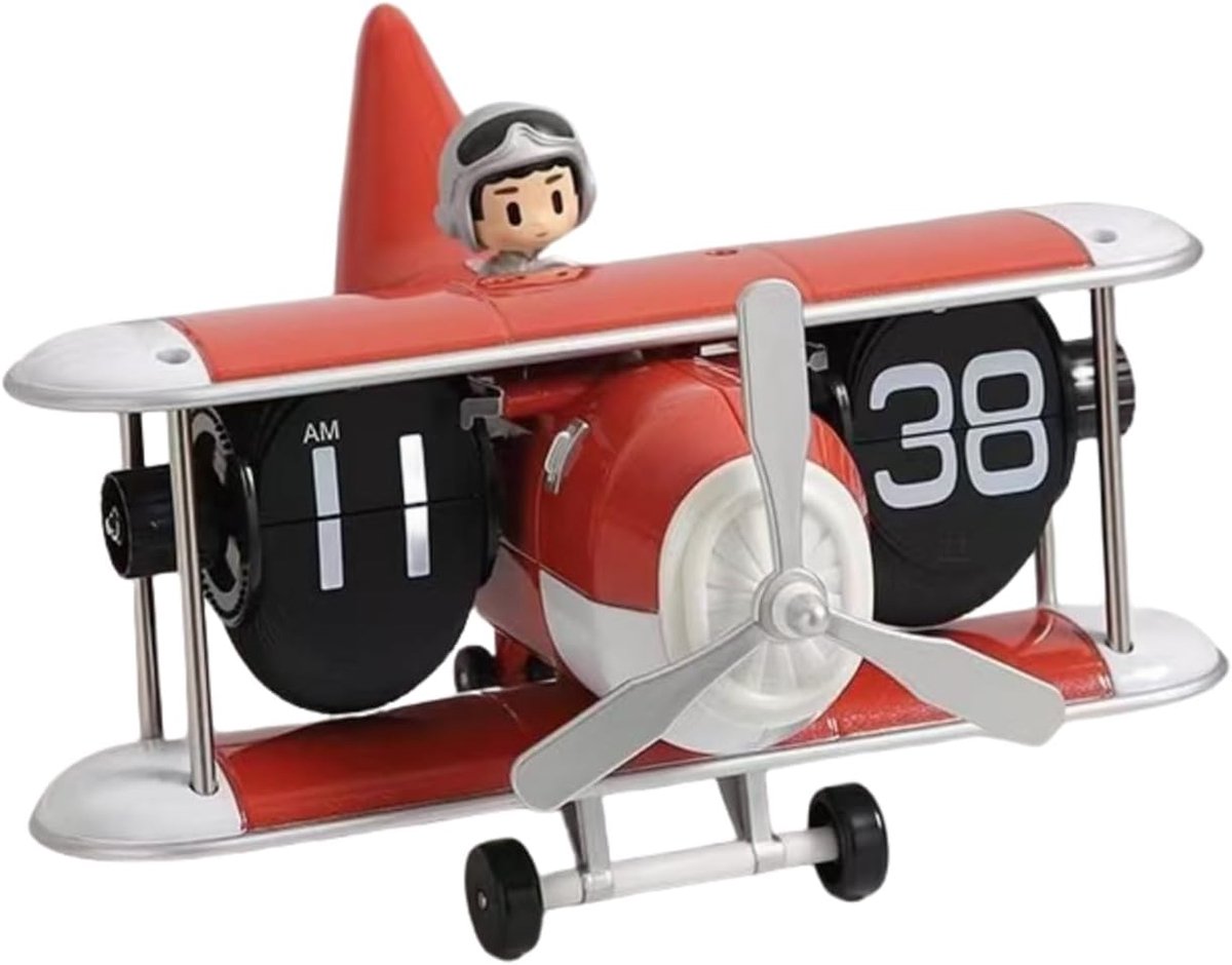 Vliegtuig‑flip tafelklok, retro vintage stille tafelklok wit, batterijgevoed met automatisch mechanisme, grote cijfers, uniek klassiek cadeau voor thuis en kantoor（rood）