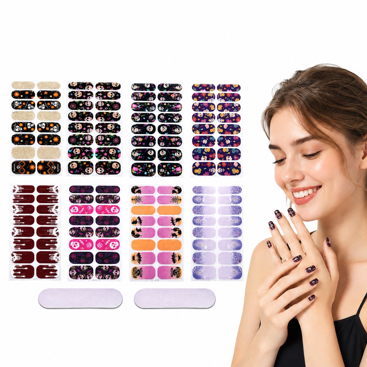 8 sets nagelstickers met Halloween-thema - Inclusief 2 nagelvijlen - Patronen met onder andere spookjes, pompoenen en esdoornbladeren - Gebruiksaanwijzing staat op de afbeelding
