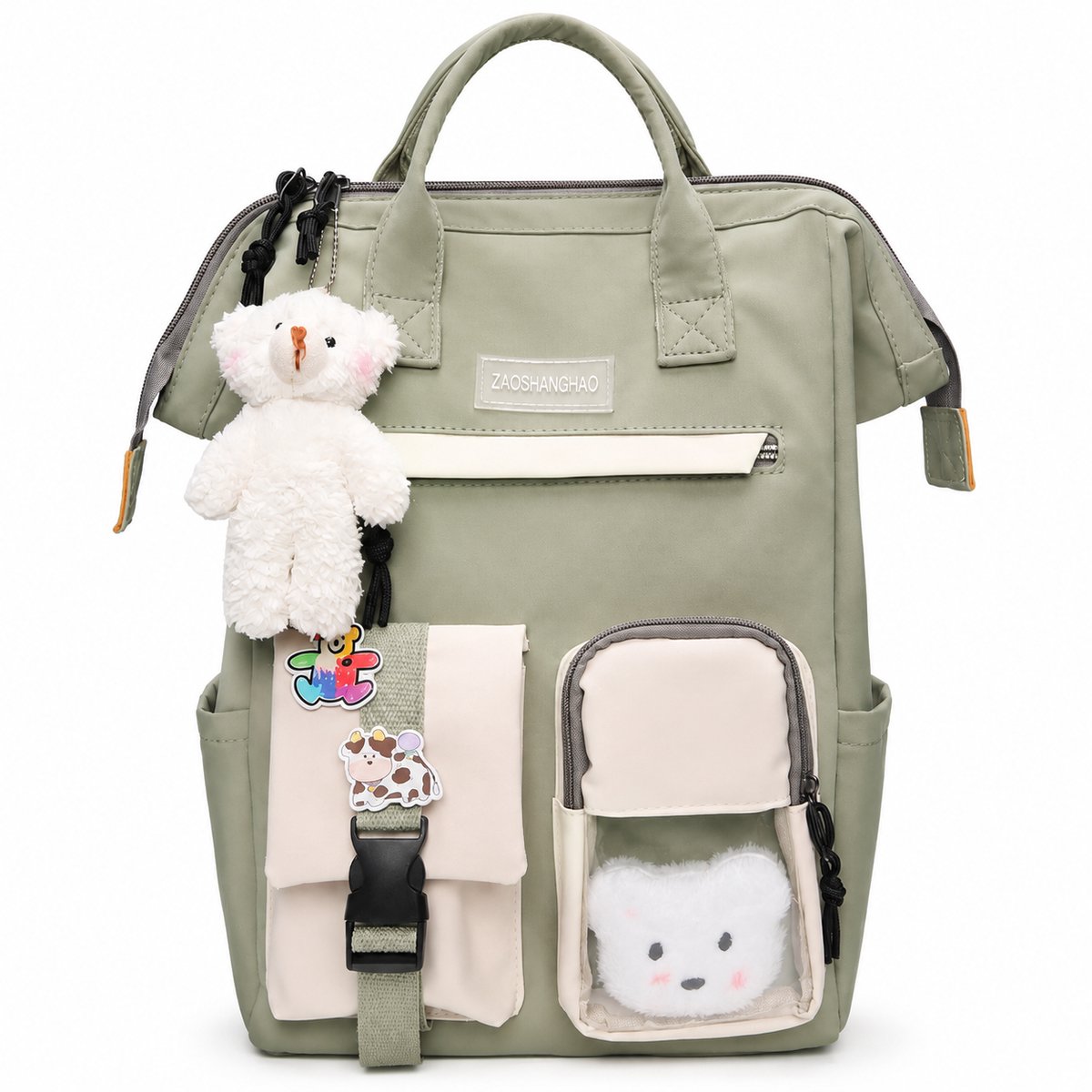 VHV-Rugzak dames - Schooltas meisje - Kawaii - Waterdicht - Met laptopvak - Inclusief pins & beer - Tiener rugzak - Middelbare school - Polyester - 38*26*18 cm- Groen