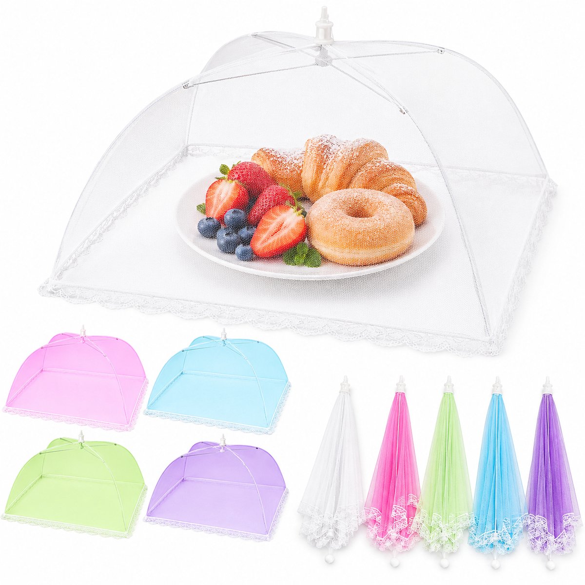 VHV-5 Voedselafdekking - Beschermt eten tegen vliegen - Opvouwbaar pop-up ontwerp - 38 x 38 cm - Herbruikbare vliegenhoes voor picknick, barbecue en terras - Gaas met gegalvaniseerd staaldraad - Set van 5(Wit + Blauw + Groen + Roze + Paars)