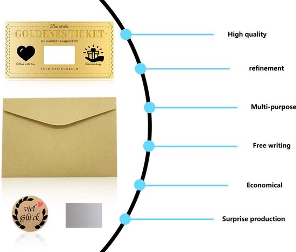 Verjaardagskaart Set van 5 - Gouden Ticket - Kraft-envelop - Wrijfopzegel - Veel Geluk Sticker - Hoge Kwaliteit - Cadeaubon