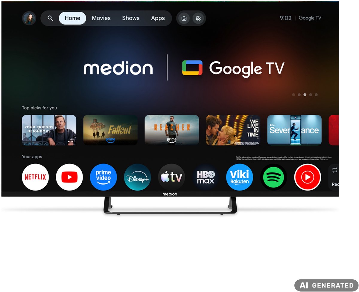 MEDION 4K Smart TV 125,7 cm (50 inch) - MD 850401 | Dolby Vision HDR, Prime Video, Disney+, compatibel met Google TV, PVR, Bluetooth
