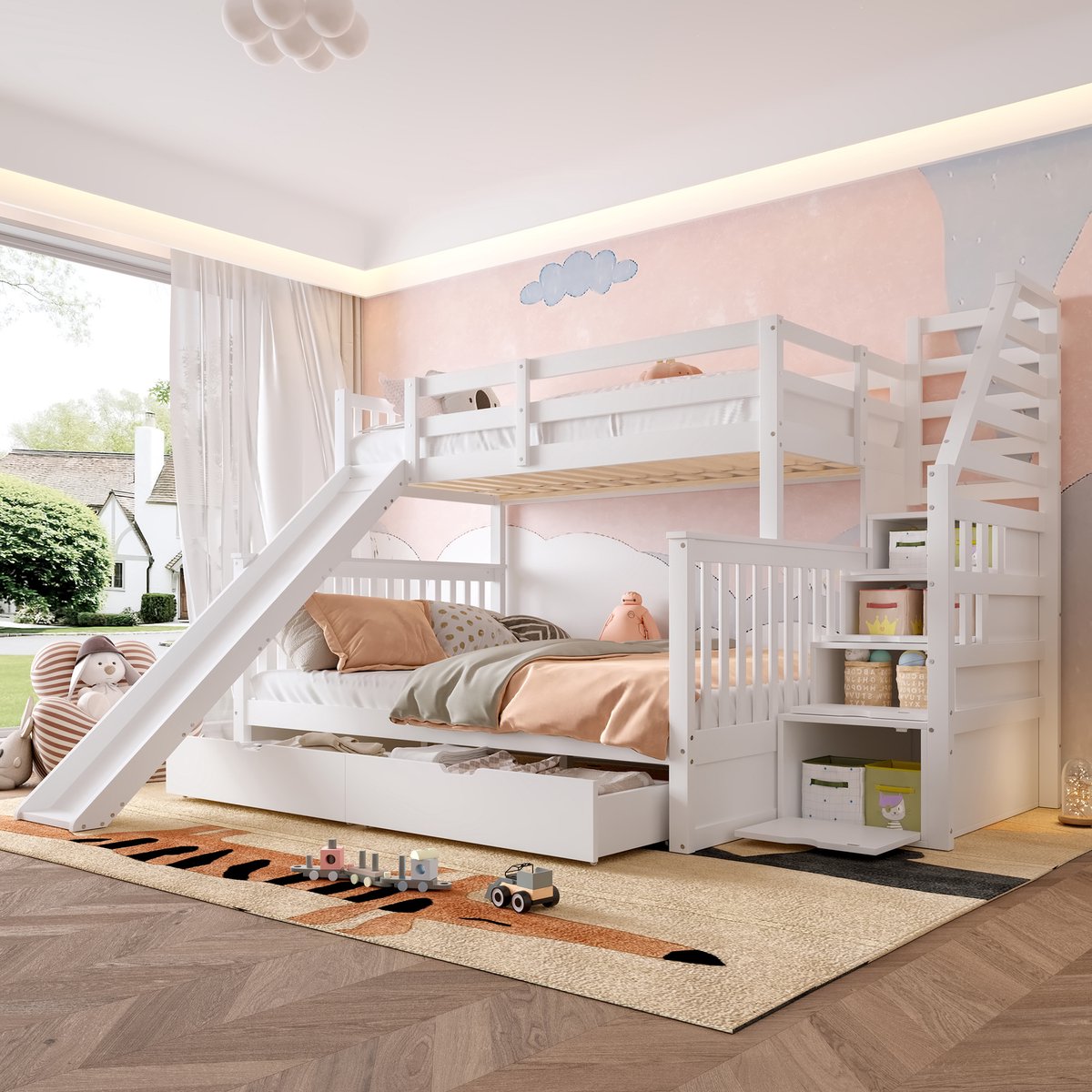 Stapelbed 90x200 cm - Met Opbergruimte - Met Lades - Met Ladder - Antiek wit