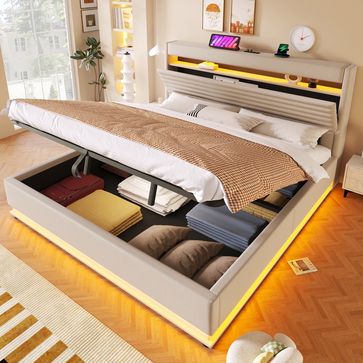 Gestoffeerd Bed 180x200 cm - Met LED-Verlichting - Met Opbergruimte - Met USB-Oplaadpunt - Beige