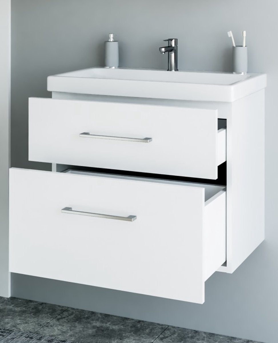 Planetmöbel Badkamermeubel Set 63 cm – Wit – Wastafelonderkast met Keramische Wastafel – 2 Lades – Soft-Close – Wandhangend