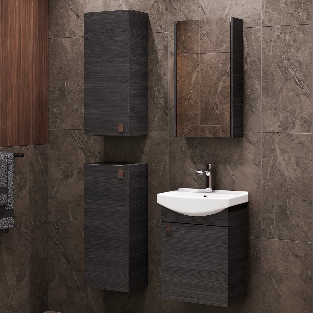 Planetmöbel Badkamermeubel Set 45 cm – Antraciet – Keramische Wastafel met Spiegelkast en 2 Midikasten 32 cm – Soft-Close