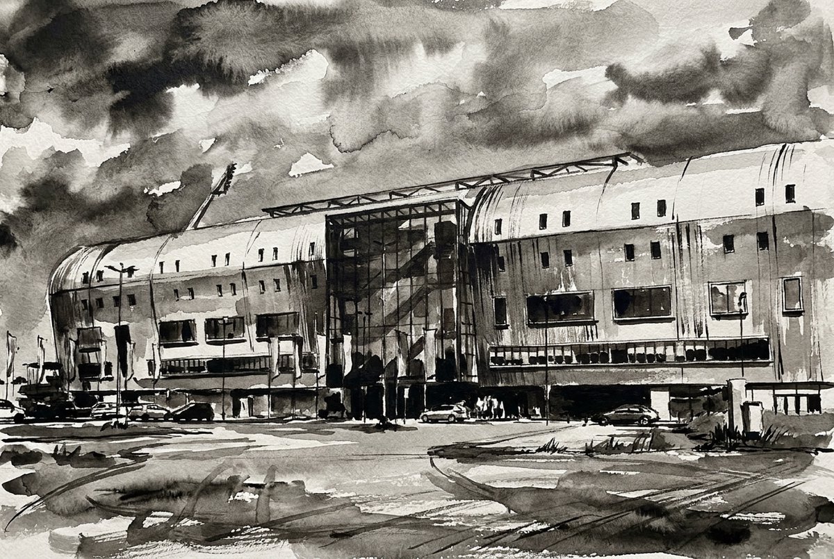 Atelier Iconique Bingoal Stadion ADO Den Haag Black and White Ink Wash Stadiums - Print op Canvas 90x60 cm - Atelier Iconique zwart