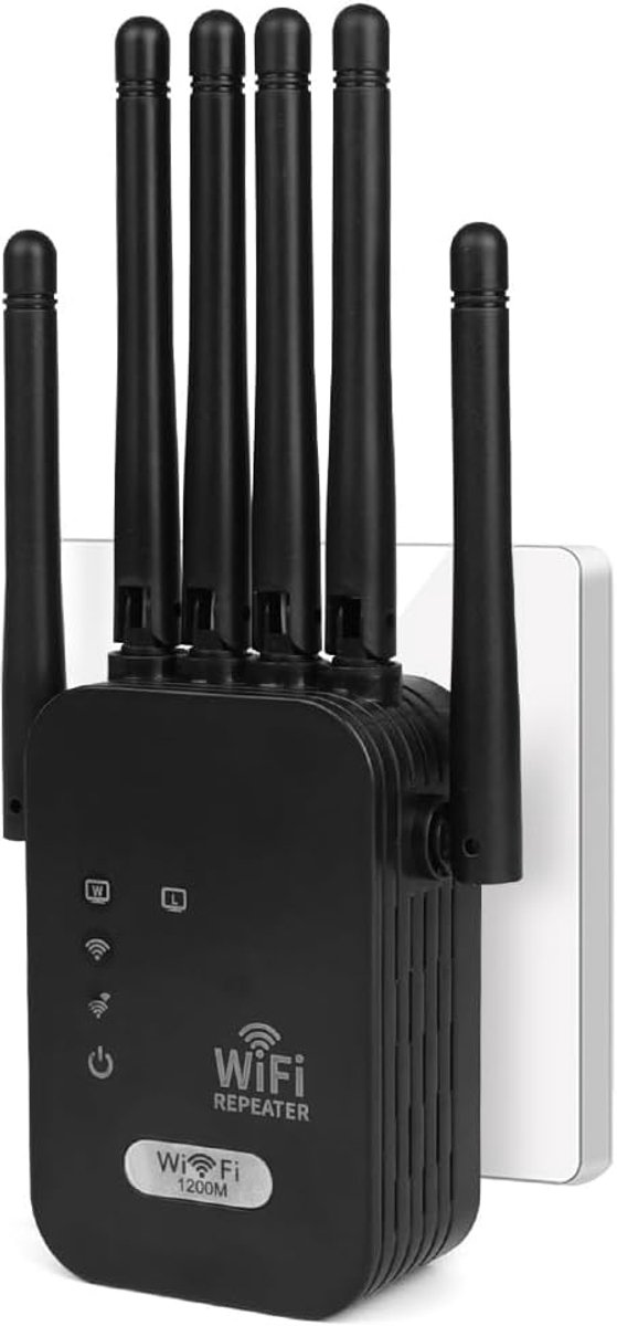Krachtige wifi-repeater, wifi-versterker met 6 antennes, 2 LAN-poorten, 1200 Mbps, dekkingsgebied van 250 vierkante meter, repeater/router/AP voor thuis en op kantoor (zwart).