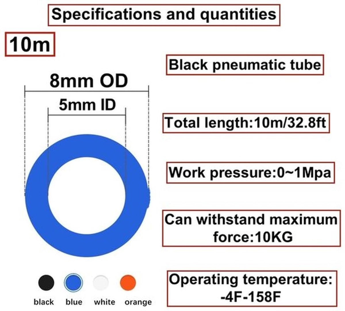 Luchtslang 10 meter - Polyurethaan (PU) - 8 mm OD / 5 mm ID - Hoge flexibiliteit - Inclusief stekkers - Blauw - Persluchtslang